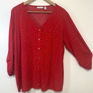 Susan Graver Liquid Knit Blouse Top 3X  Button Front Red Polka Dot Stretch Work